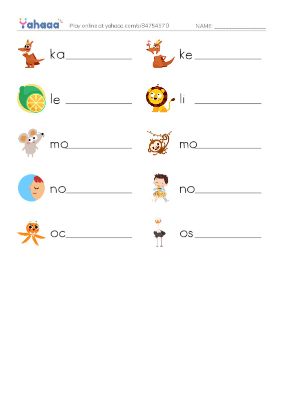 KLMNO words  PDF worksheet writing row