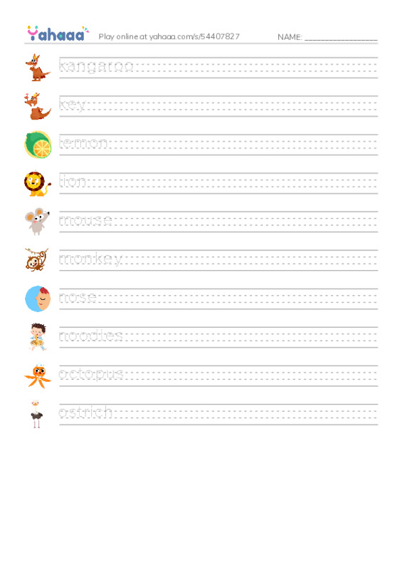 KLMNO words  PDF write between the lines worksheet