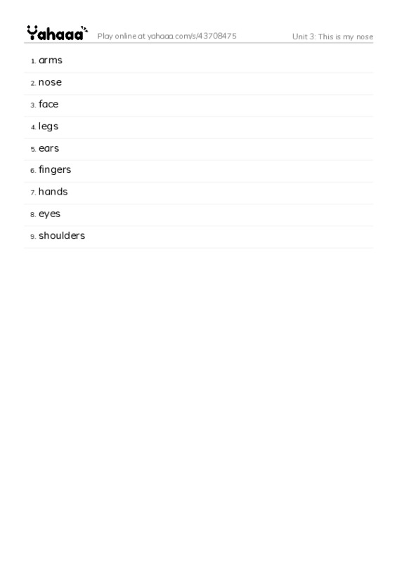 Unit 3: This is my nose PDF words glossary