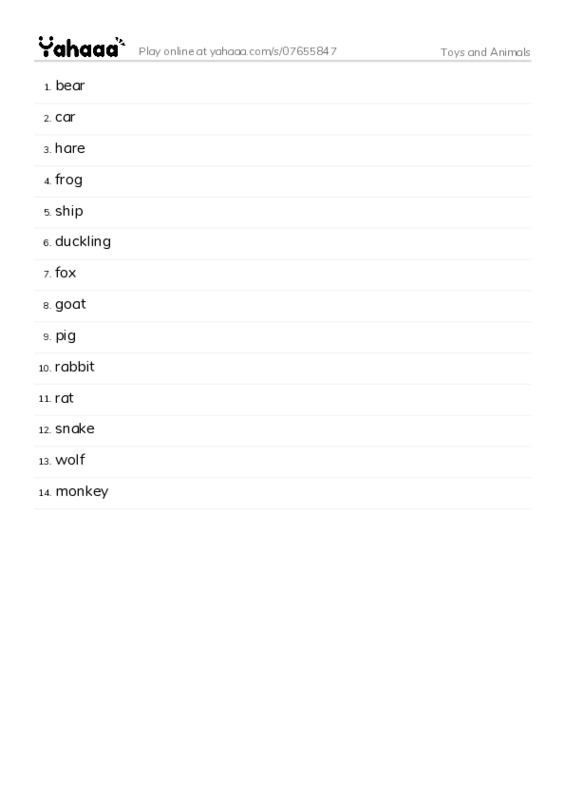 Toys and Animals PDF words glossary