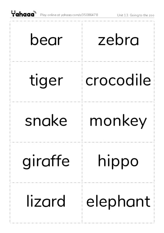 Unit 13. Going to the zoo PDF two columns flashcards