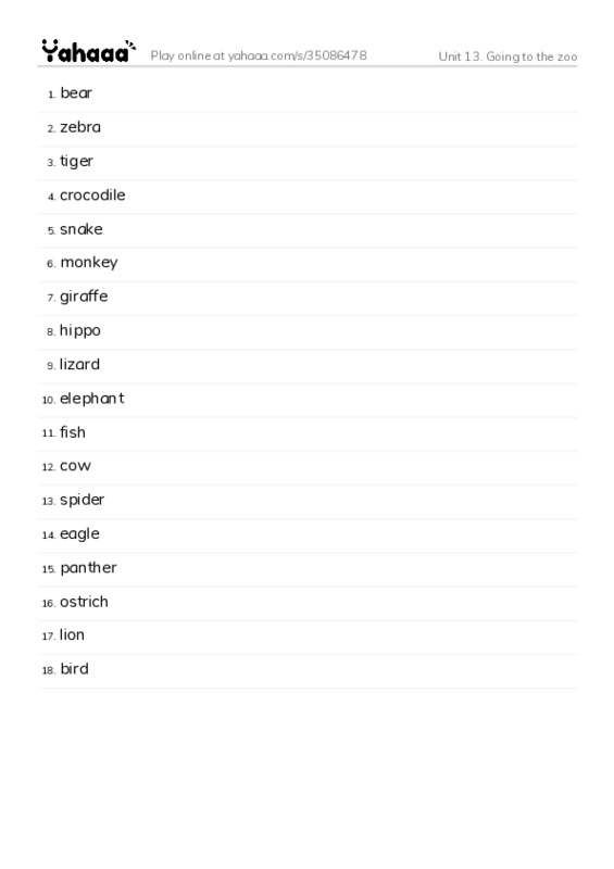 Unit 13. Going to the zoo PDF words glossary