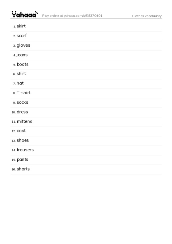 Clothes vocabulary PDF words glossary