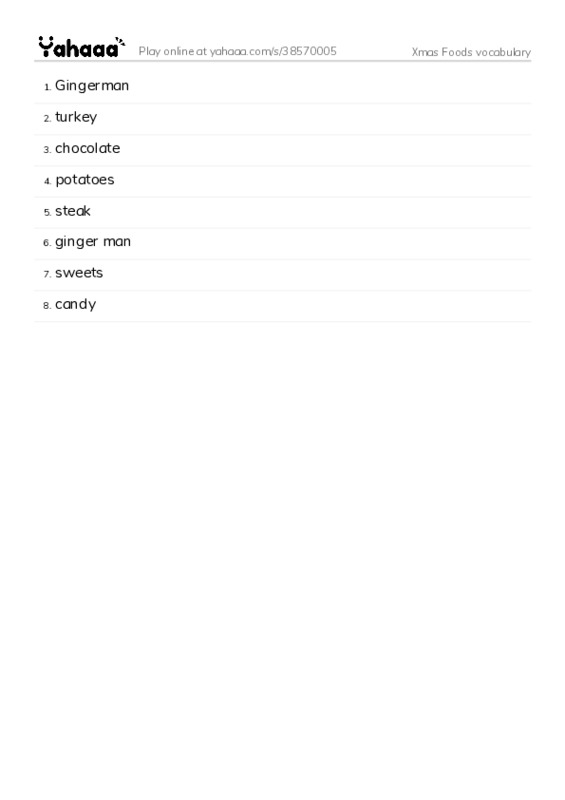 Xmas Foods vocabulary PDF words glossary