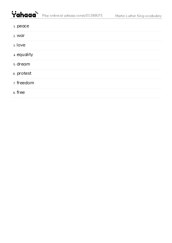 Martin Luther King vocabulary PDF words glossary