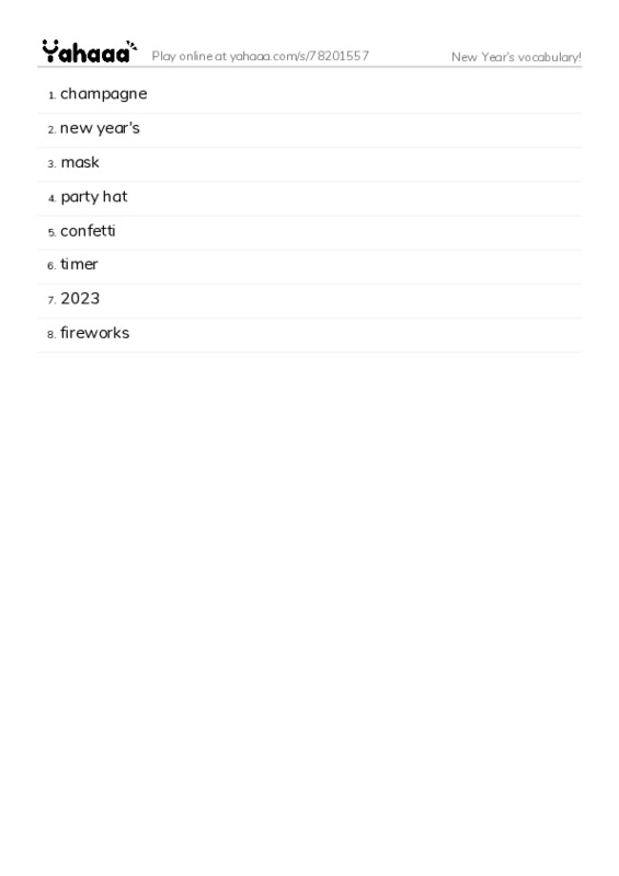 New Year's vocabulary! PDF words glossary