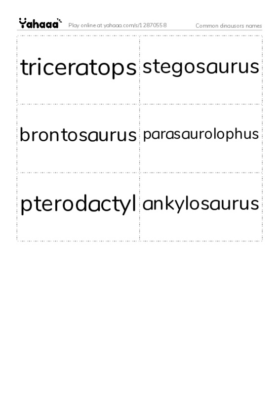 Common dinausors names PDF two columns flashcards
