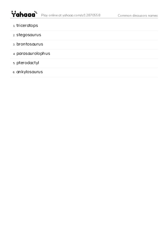 Common dinausors names PDF words glossary
