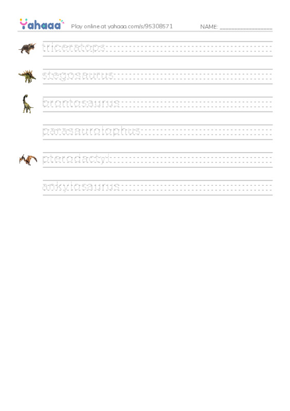 Common dinausors names PDF write between the lines worksheet